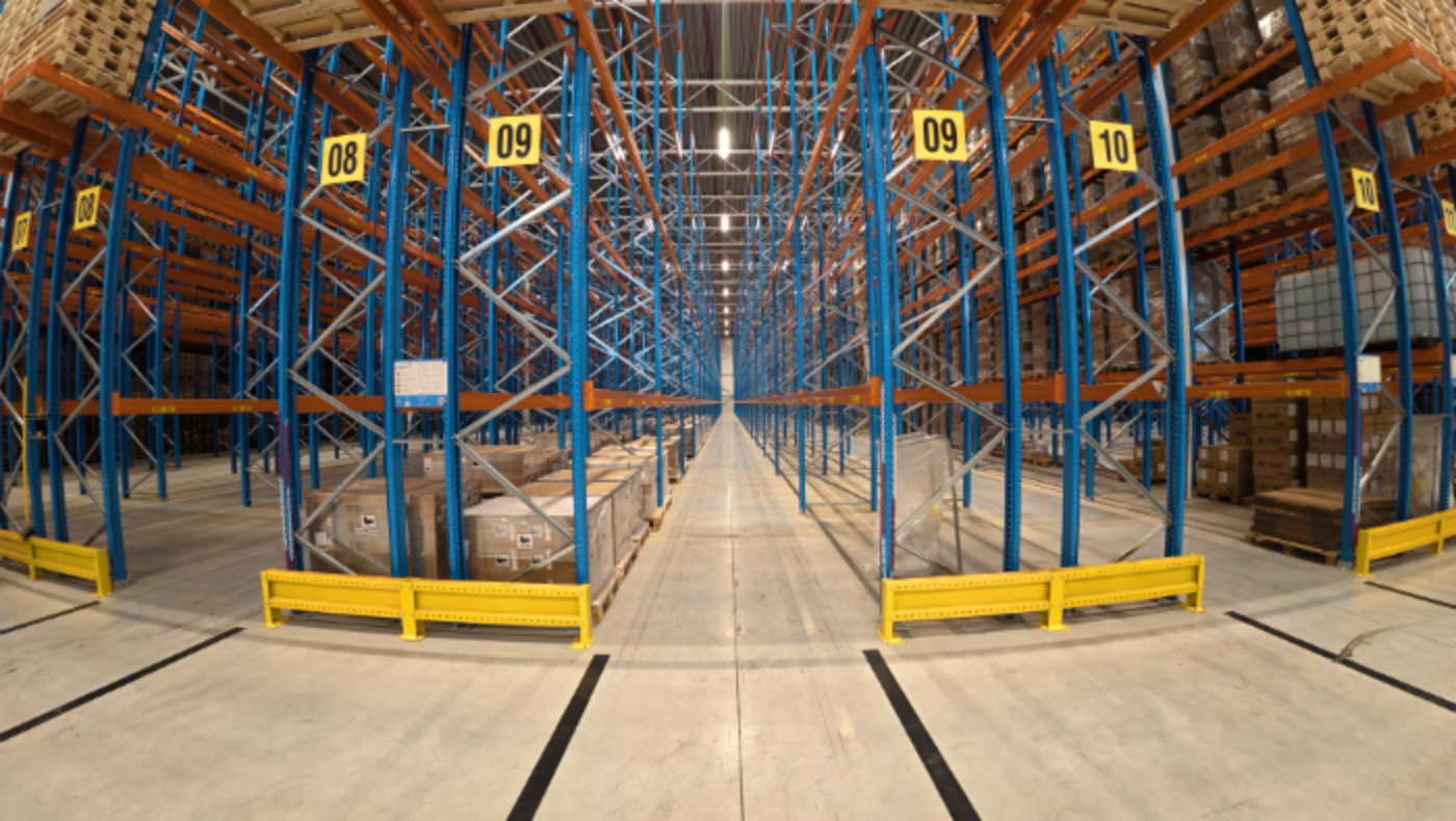 Racked warehouse storage aisle